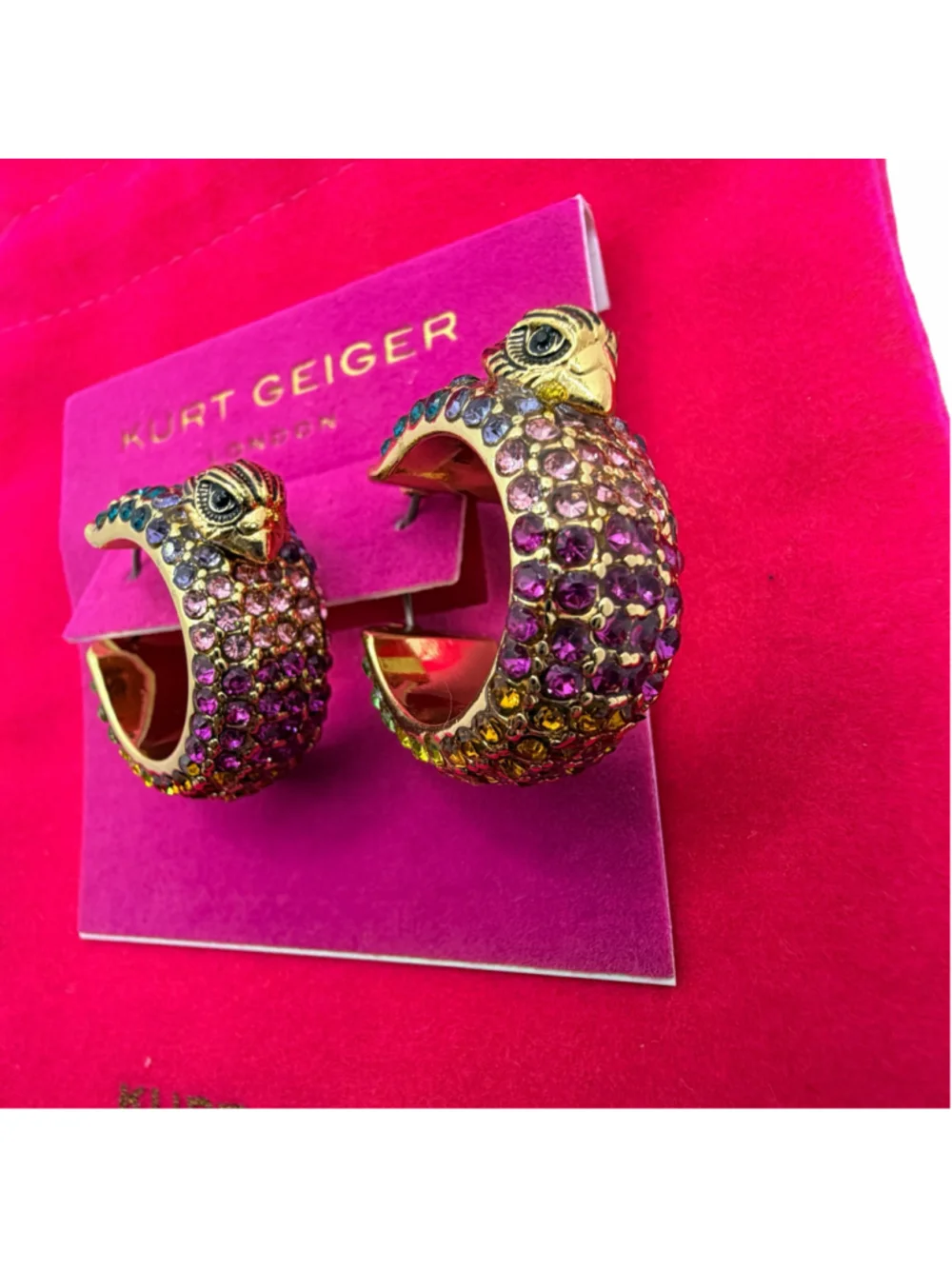 Kurt Geiger London Eagle Hoop Earrings Multicolor Crystal Gold Tone NWT